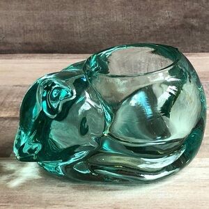 Vintage Indiana Glass Aqua Glass Sleeping Cat Candleholder